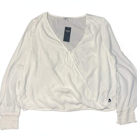 NWT Hollister White Long Sleeve V-Neck Tie Front Shirt - Picture 1 of 9